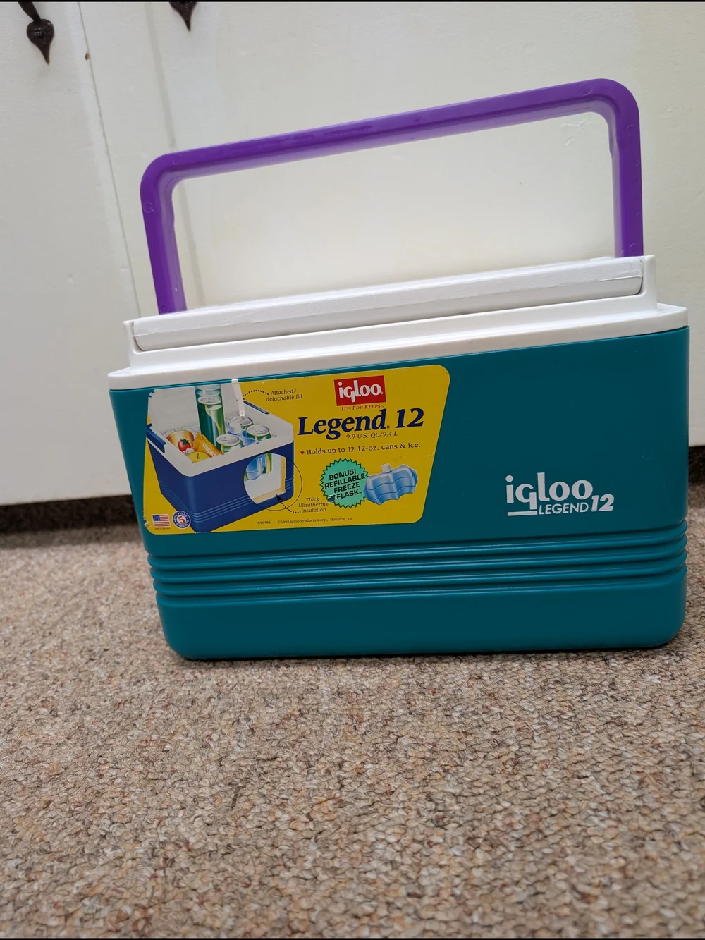 Vintage 90s Igloo Legend 12 Can Cooler With Teal Body & Purple Handle